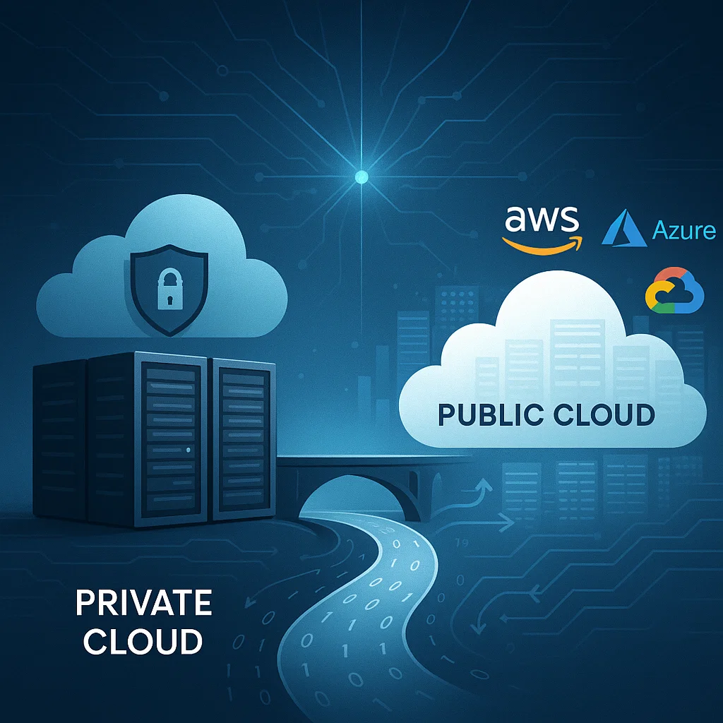 Split-view illustration showing integration between a secure private cloud data center and scalable public cloud platforms like AWS, Azure, and Google Cloud, connected by a digital bridge symbolizing hybrid cloud flexibility and control.
