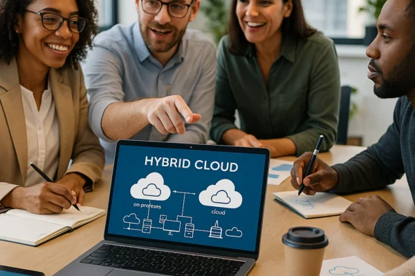 A diverse group of professionals collaborating around a conference table in a bright, modern office. A laptop displays a hybrid cloud architecture diagram as team members discuss strategy, symbolizing teamwork, innovation, and the human element in hybrid cloud management.