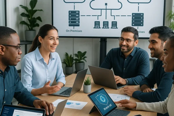 Diverse team of IT professionals collaborating in a modern office with laptops and large screens displaying hybrid cloud architecture diagrams, symbolizing teamwork, innovation, and hybrid cloud management success.