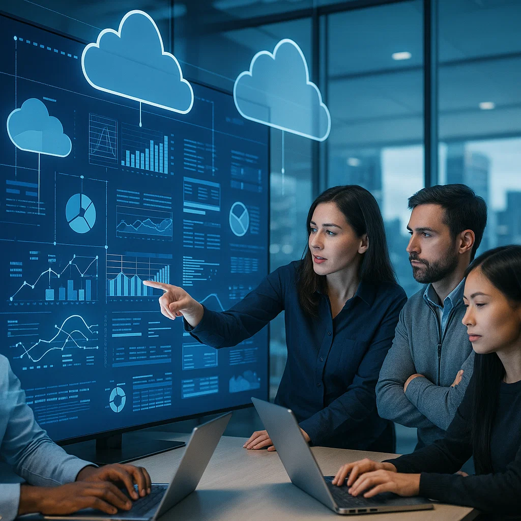 Diverse IT team collaborating in a modern office with digital cloud diagrams and hybrid cloud analytics on large screens.
