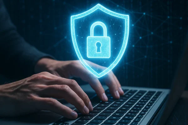 Person using laptop with a digital lock symbol representing personal digital security.
