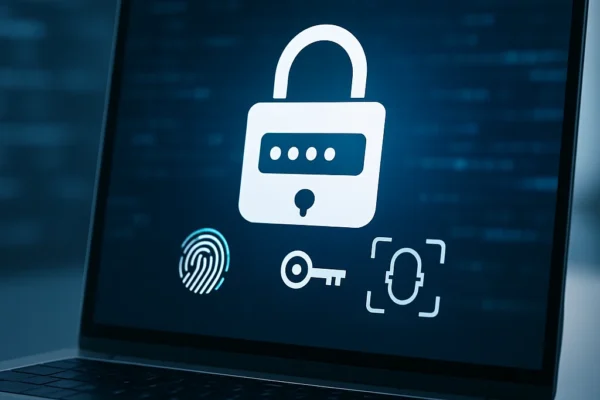 A close-up image of a computer screen displaying a glowing padlock icon over a background of digital code, symbolizing online security and the importance of creating strong, protected passwords.