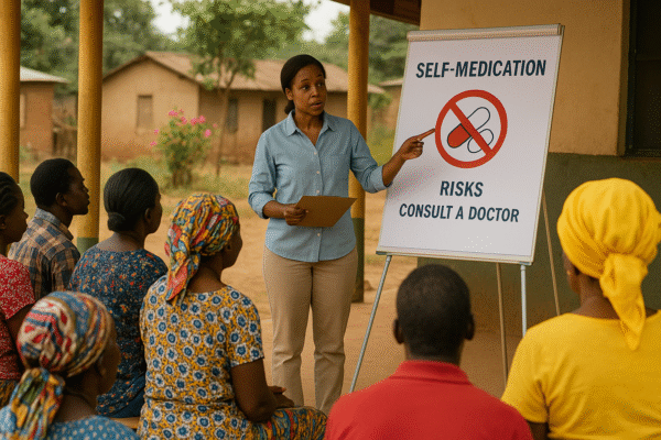 community health educator teaching about self-medication awareness in a rural area.