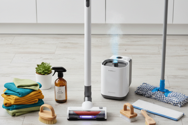 The Ultimate Guide to Choosing the Right Cleaning Tools for Your Home A modern vacuum cleaner next to a small steam cleaner and a collection of eco-friendly cleaning supplies, including microfiber cloths and bamboo brushes.
