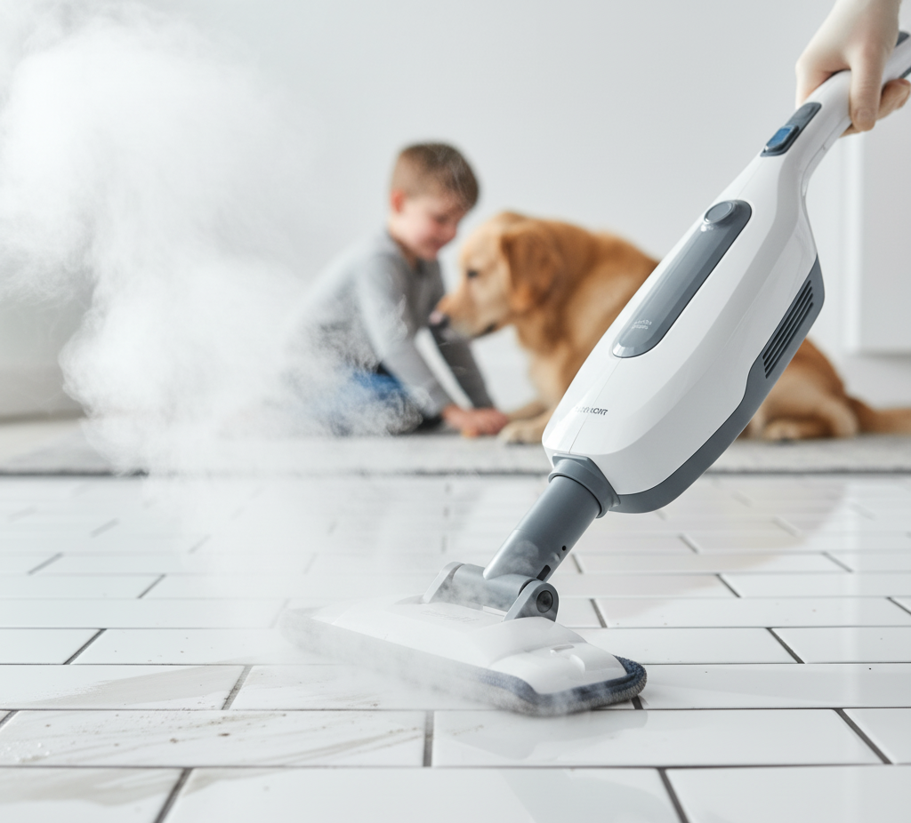 A steam cleaner head actively applying steam to a tiled floor, emphasizing deep cleaning and a chemical-free cleaning process.