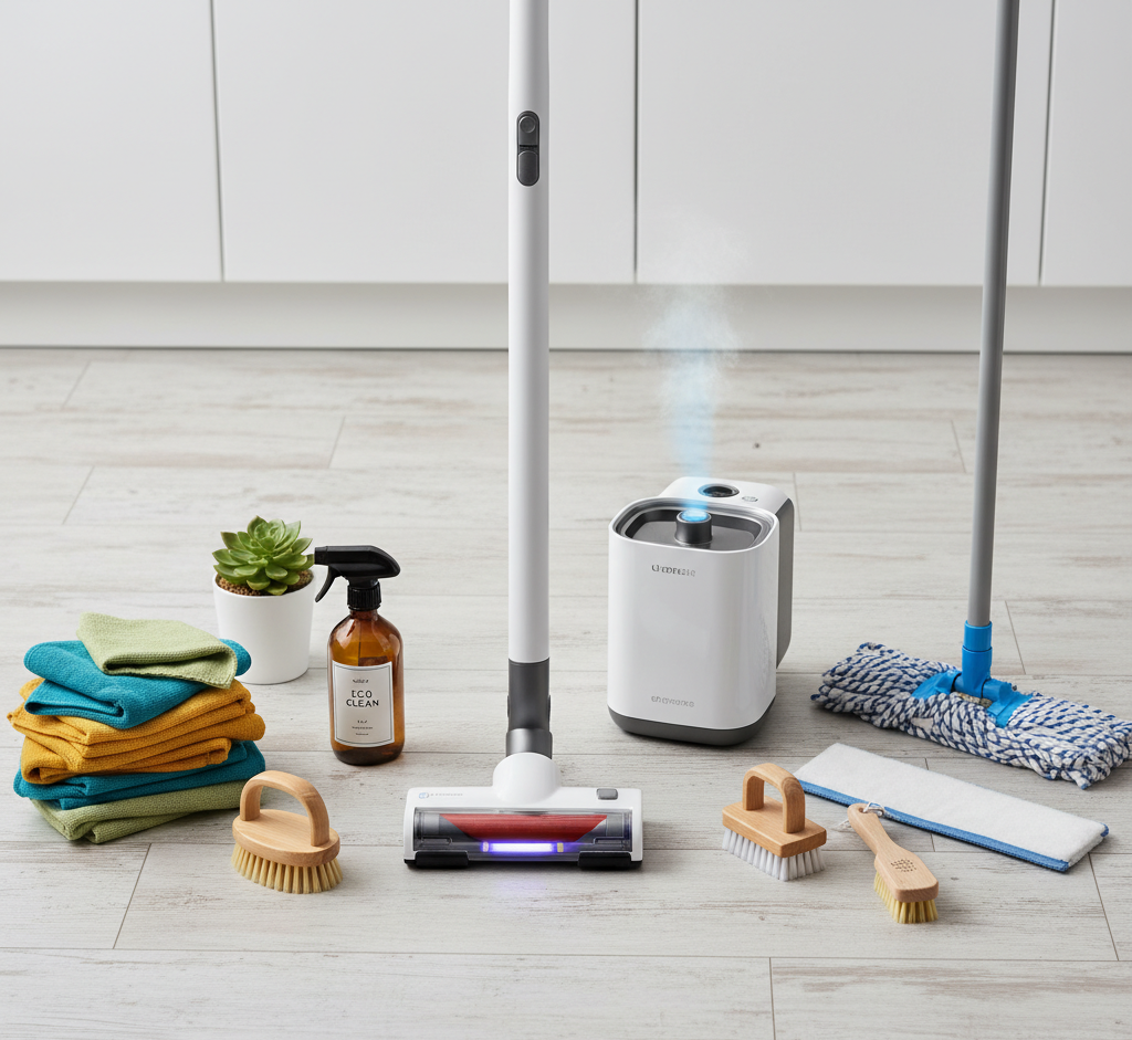 A modern vacuum cleaner next to a small steam cleaner and a collection of eco-friendly cleaning supplies, including microfiber cloths and bamboo brushes.