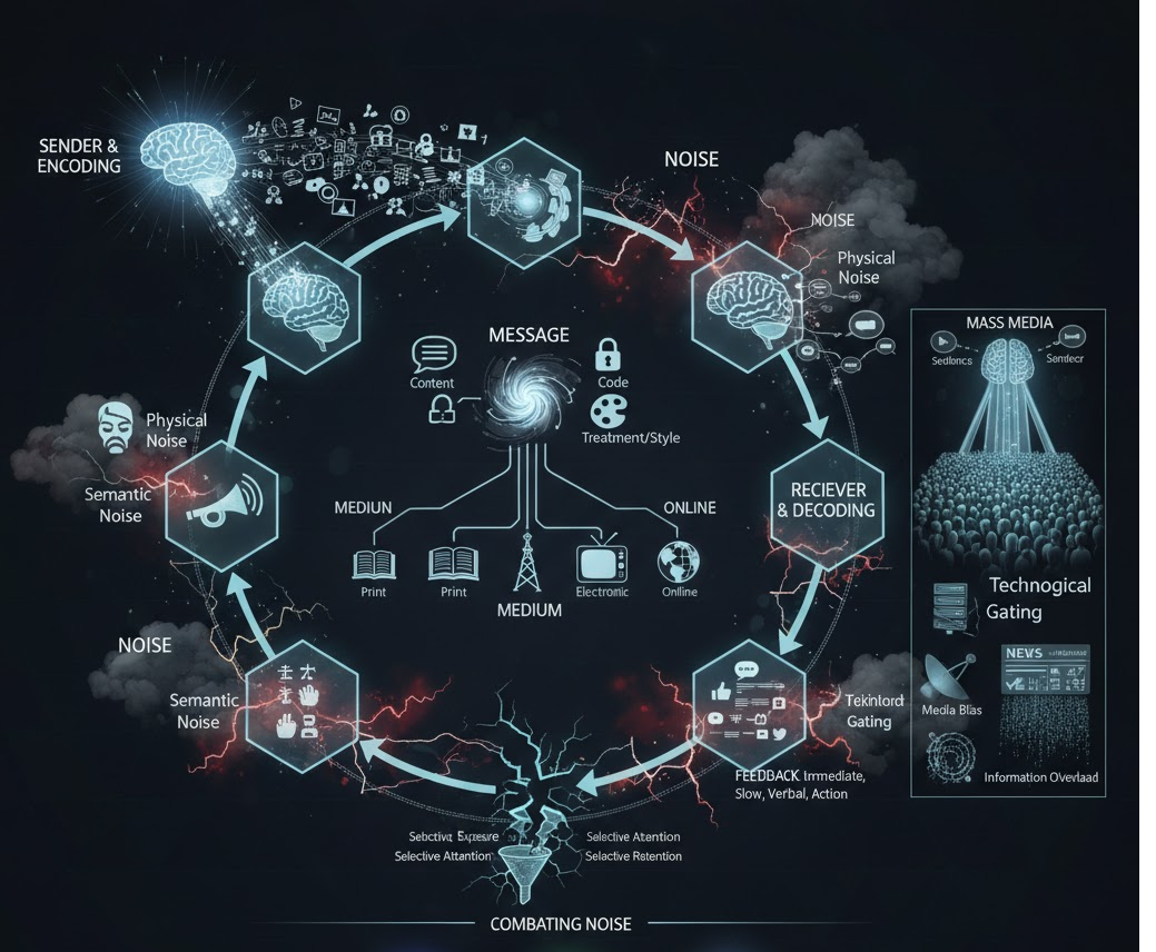 Communication process model showing the flow from Sender/Encoding to Receiver/Decoding with Noise, Feedback, and strategies for combating interference.