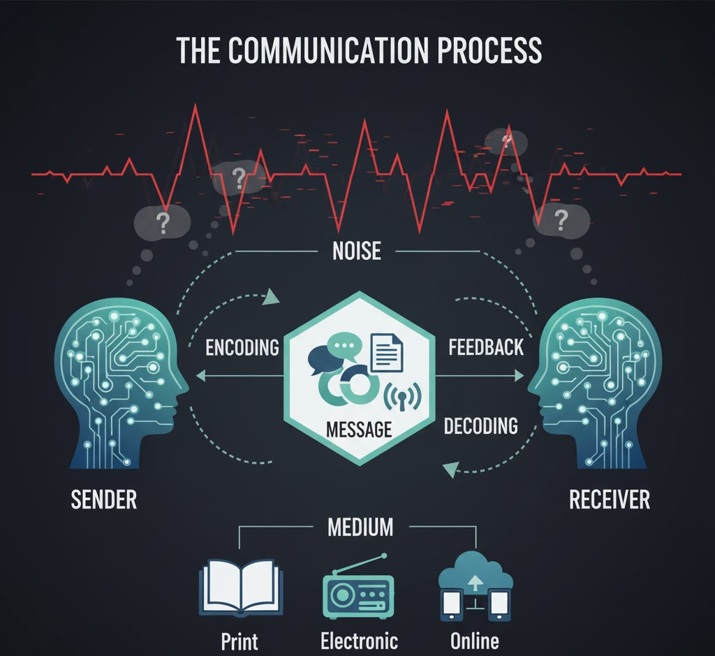 Diagram illustrating the core communication process with sender, message, receiver, encoding, decoding, feedback, and noise.