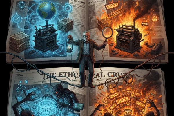 Ethics in Mass Communication: Balancing Truth and Sensationalism A journalist walks a tightrope over a chasm, balancing the 'Truth' (represented by an old printing press and globe) against 'Sensationalism' (represented by a burning computer screen and social media likes), illustrating the ethical divide in modern media.