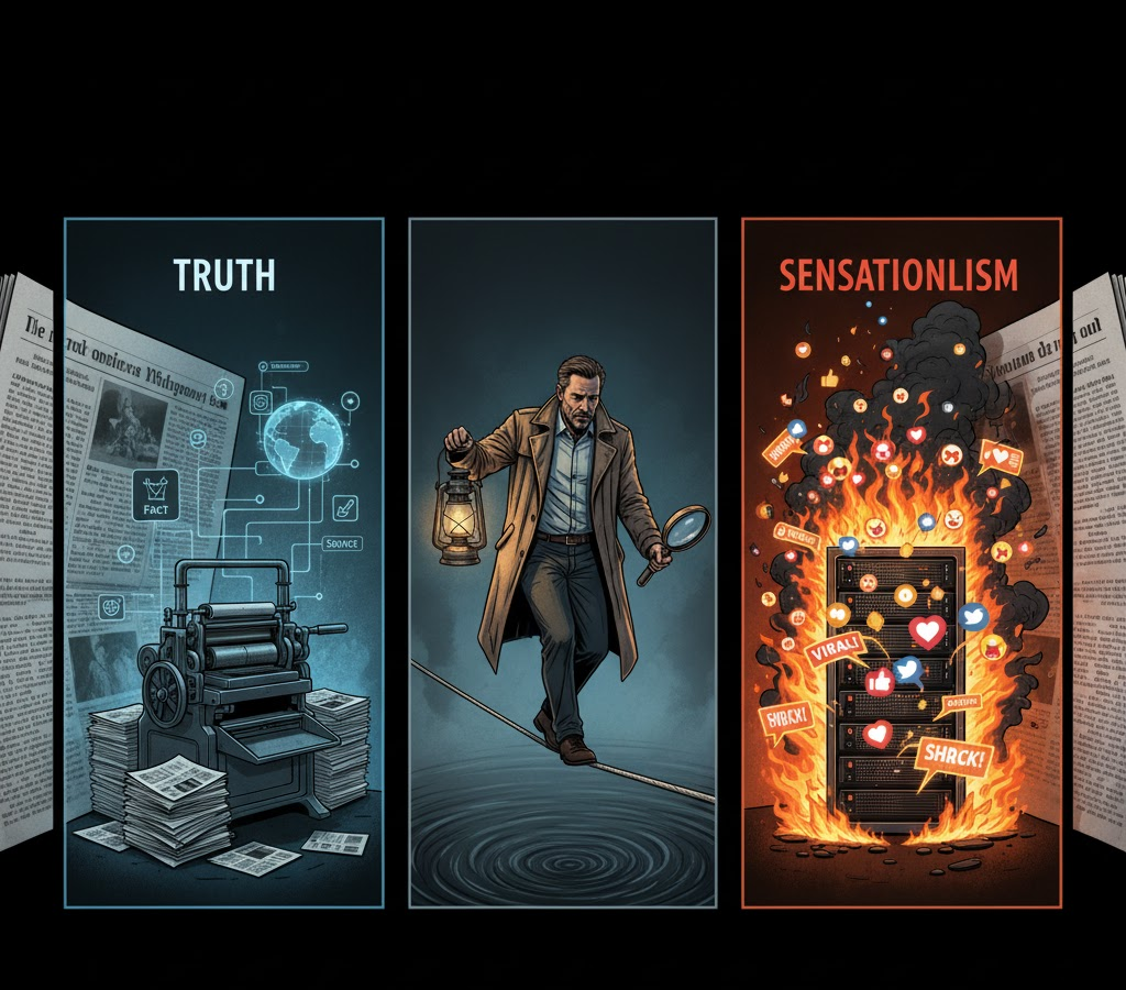 A journalist walks a tightrope labelled 'The Ethical Divide', balancing a lantern and a magnifying glass. Below the tightrope are two chasms: on the left, 'TRUTH' with an old printing press, and on the right, 'SENSATIONALISM' with a burning machine and explosive social media icons. The image visually represents the difficult choices in Ethics in Mass Communication.