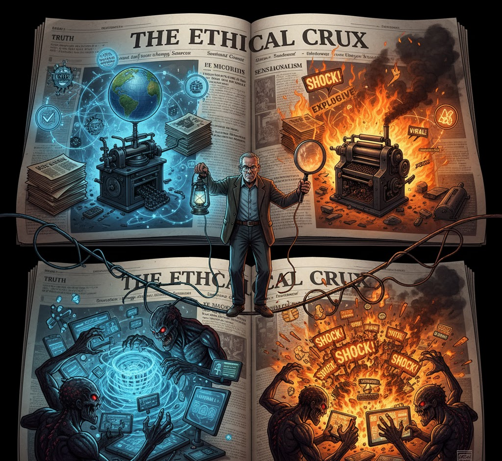 A journalist walks a tightrope over a chasm, balancing the 'Truth' (represented by an old printing press and globe) against 'Sensationalism' (represented by a burning computer screen and social media likes), illustrating the ethical divide in modern media.