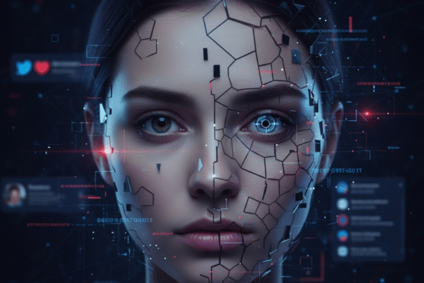 The Rise of Deepfakes: When Seeing Is No Longer Believing A digital illustration showing a woman's face split down the middle. One side is realistic and human, while the other side is highly synthetic and composed of circuitry, glowing lines, and binary code, visually representing the creation of a deepfake.