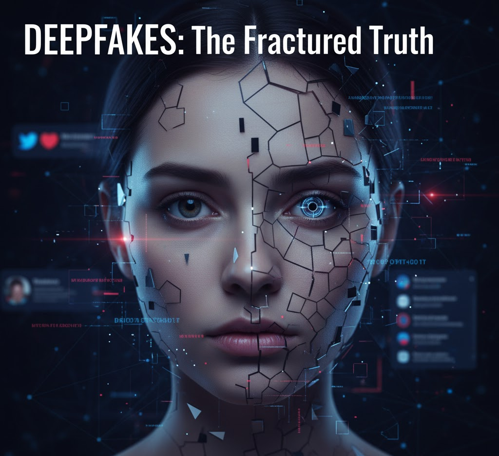 A digital illustration showing a woman's face split down the middle. One side is realistic and human, while the other side is highly synthetic and composed of circuitry, glowing lines, and binary code, visually representing the creation of a deepfake.