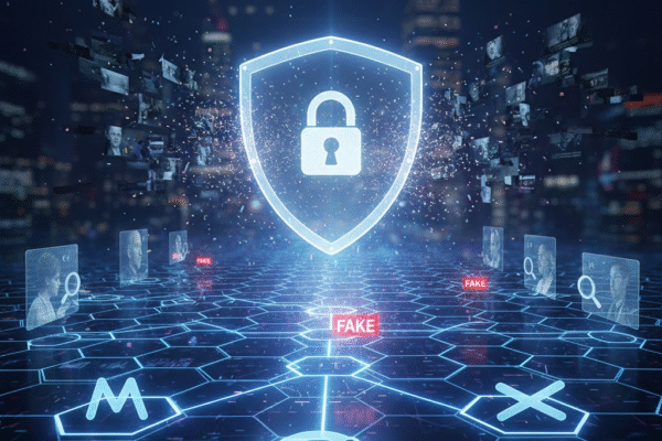 The Role of Technology Companies in Combating Deepfake Misinformation A cybersecurity concept showing a glowing shield and padlock protecting a network grid from deepfakes. Icons for Meta (M), Google (G), and X (X) are linked to the defense system.