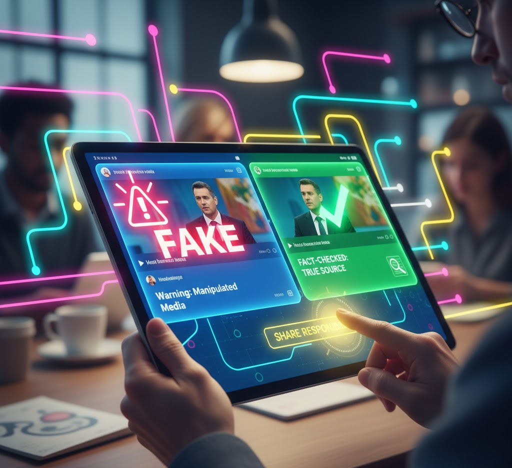 A person holding a tablet showing two side-by-side screens: one red, labeled "FAKE" with a warning sign over a manipulated image, and the other green, labeled "FACT-CHECKED: TRUE SOURCE" with a verified image. A glowing "SHARE RESPONSIBLY" button is highlighted, emphasizing user action and digital literacy.