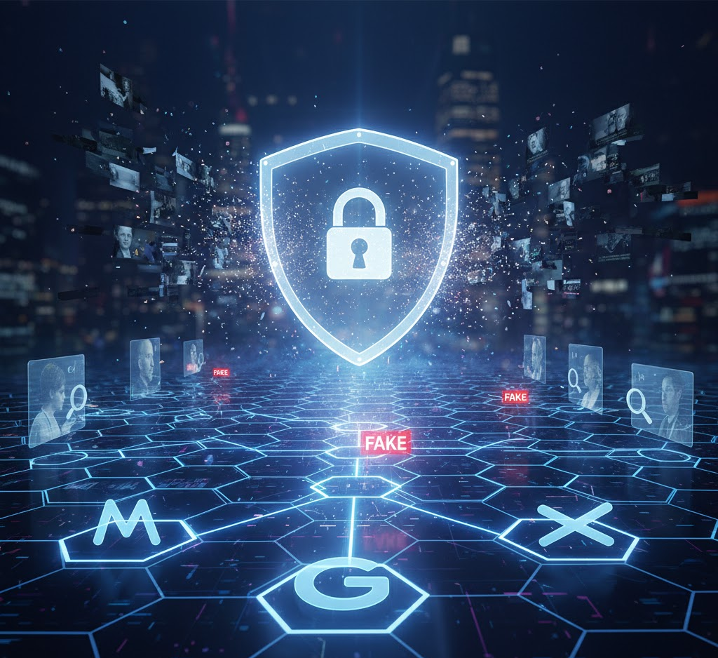 A cybersecurity concept showing a glowing shield and padlock protecting a network grid from deepfakes. Icons for Meta (M), Google (G), and X (X) are linked to the defense system.