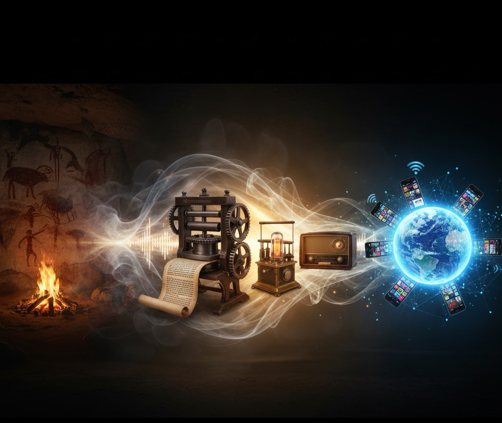 A visual timeline of communication showing cave paintings, a printing press, a radio, and a globe surrounded by connected smartphones, symbolizing global digital media.