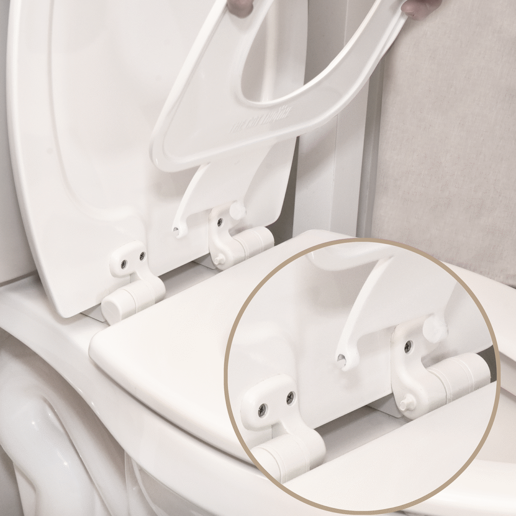 A premium Bemis toilet seat with patented Cat Throne clip technology