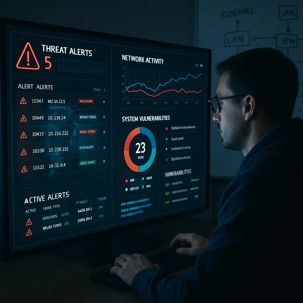 Cybersecurity specialist monitoring a large screen displaying live threat alerts, network activity, and system vulnerabilities in a dimly lit room with security diagrams on a whiteboard in the background.