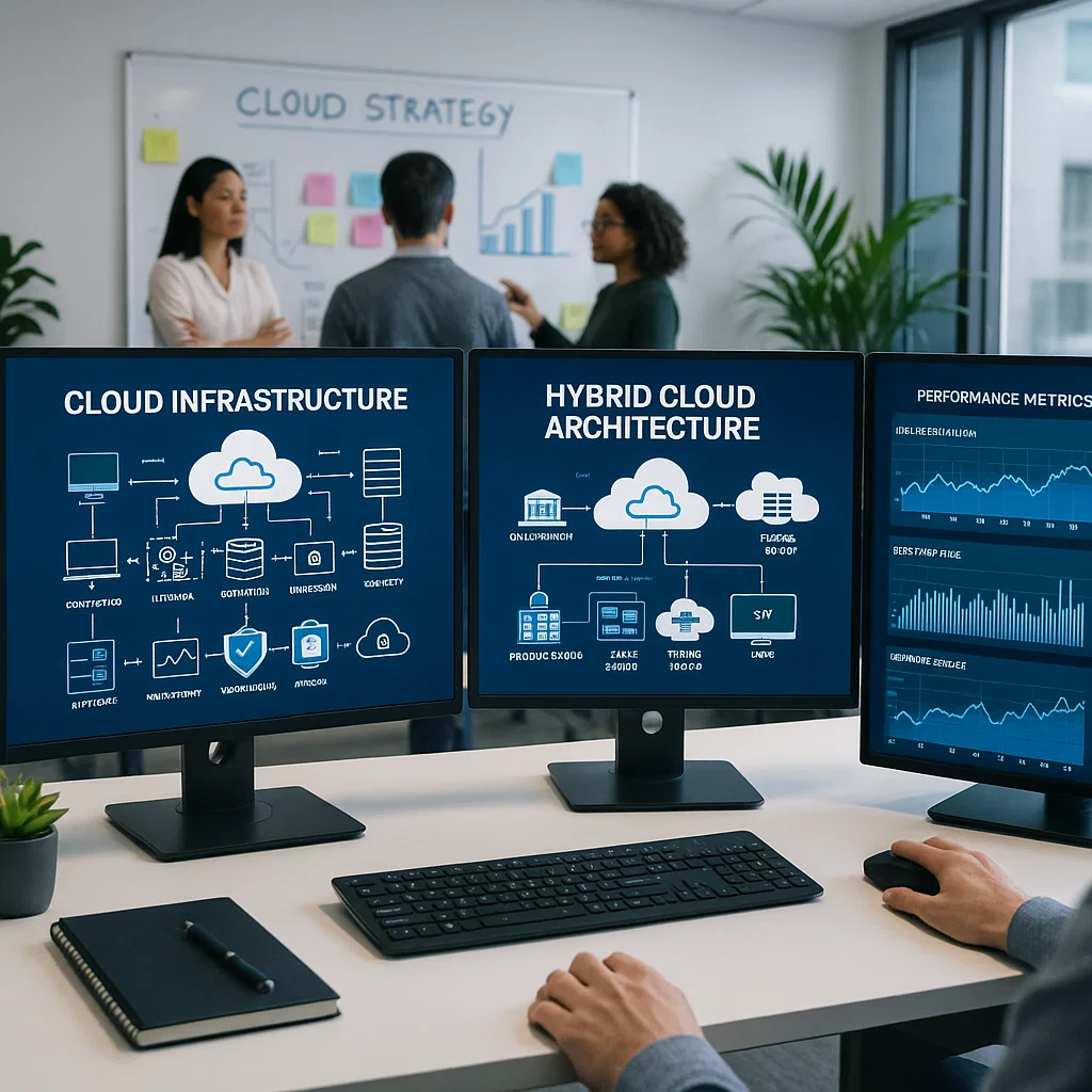 Modern IT workspace with multiple monitors displaying hybrid cloud architecture diagrams and performance metrics, while team members collaborate and discuss cloud strategy in a high-tech office environment.
