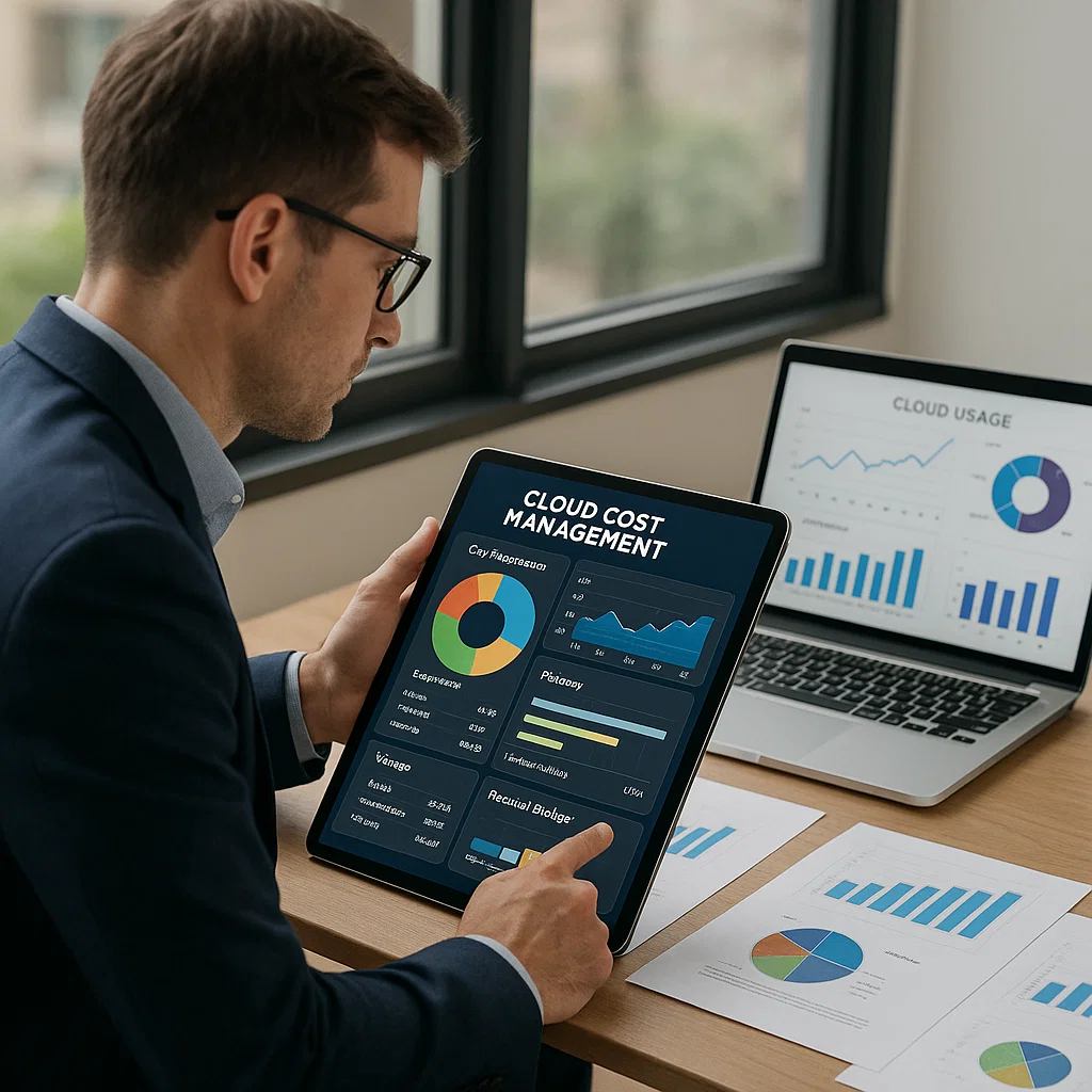 IT manager reviewing a cloud cost management dashboard on a tablet surrounded by financial reports and a laptop displaying cloud usage statistics in a well-lit modern office.