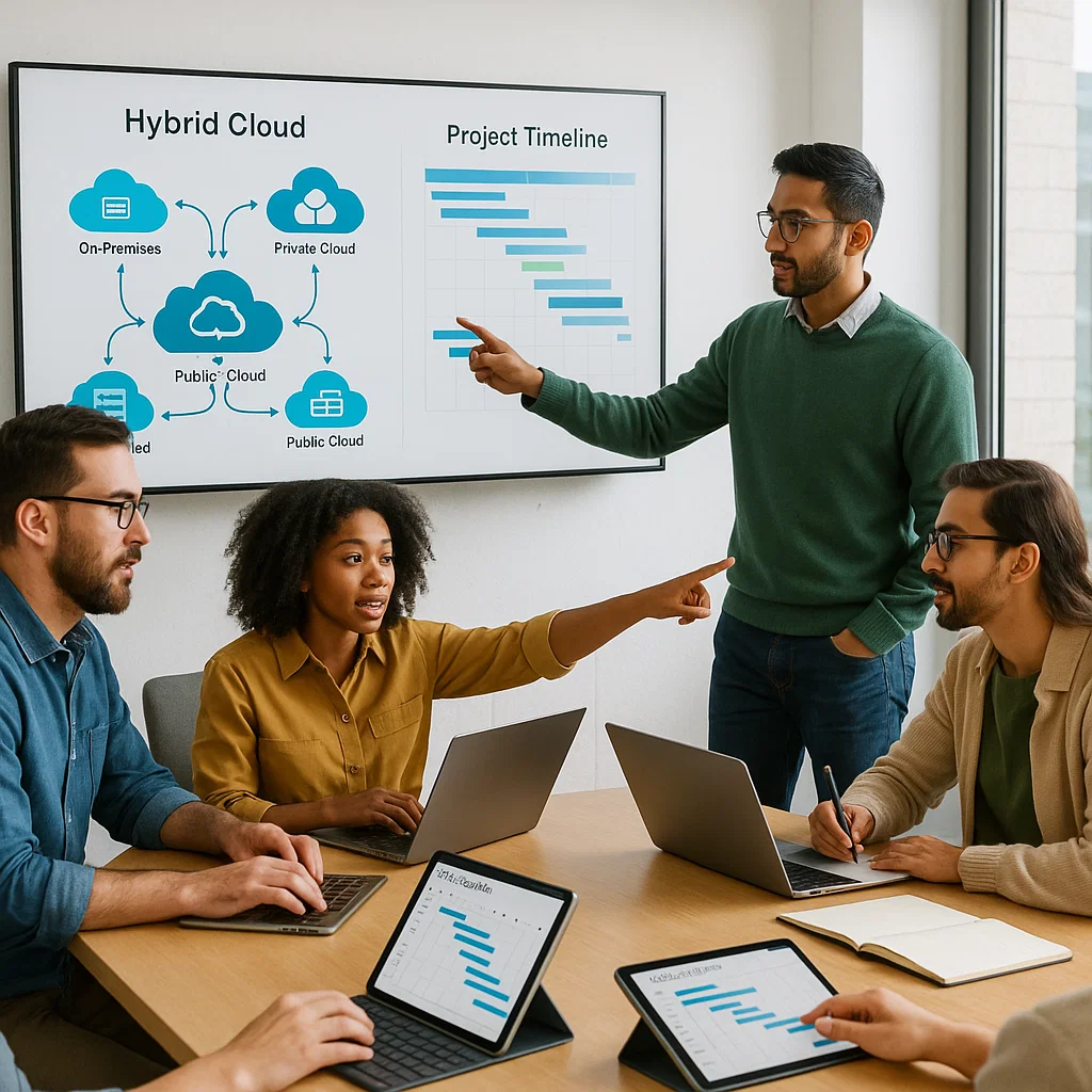 Diverse IT team collaborating in a bright conference room with laptops, tablets, and interactive displays showing hybrid cloud workflows and project timelines, highlighting teamwork and communication.