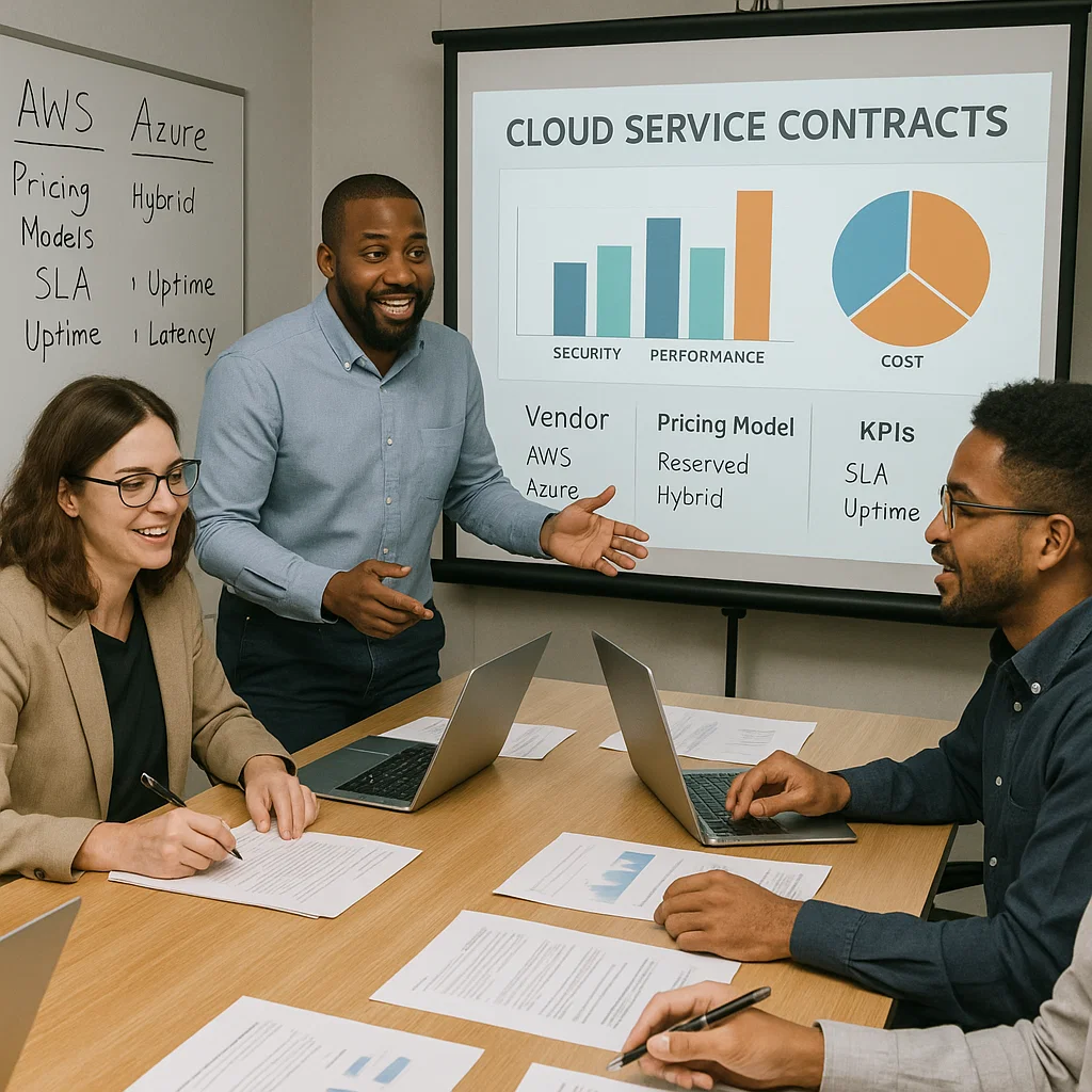 Diverse team of IT professionals collaborating around a conference table with laptops and documents, discussing cloud service contracts while a presenter displays vendor data on a projector screen.