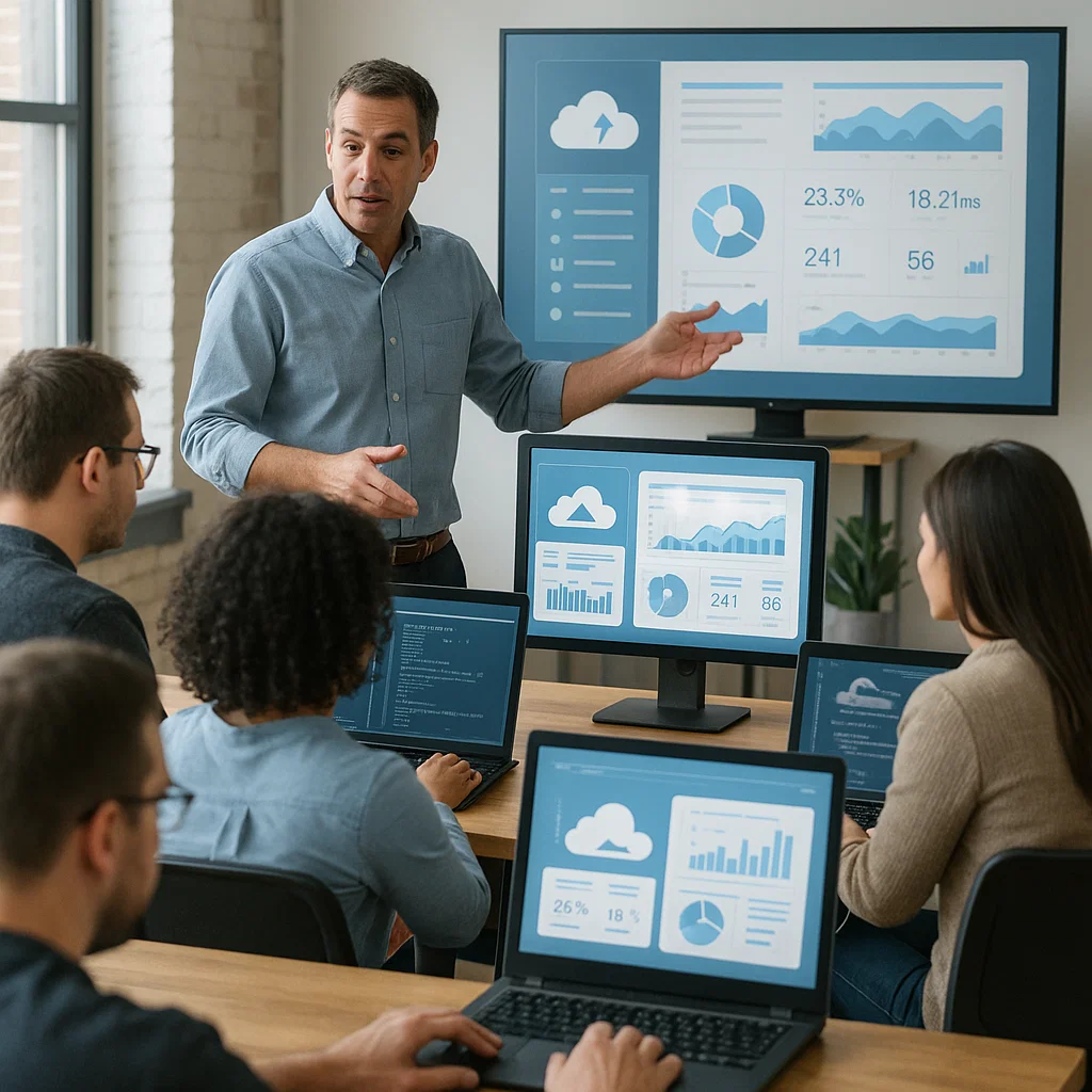 IT professionals in a hands-on cloud training session guided by an instructor with cloud infrastructure visuals on screen.