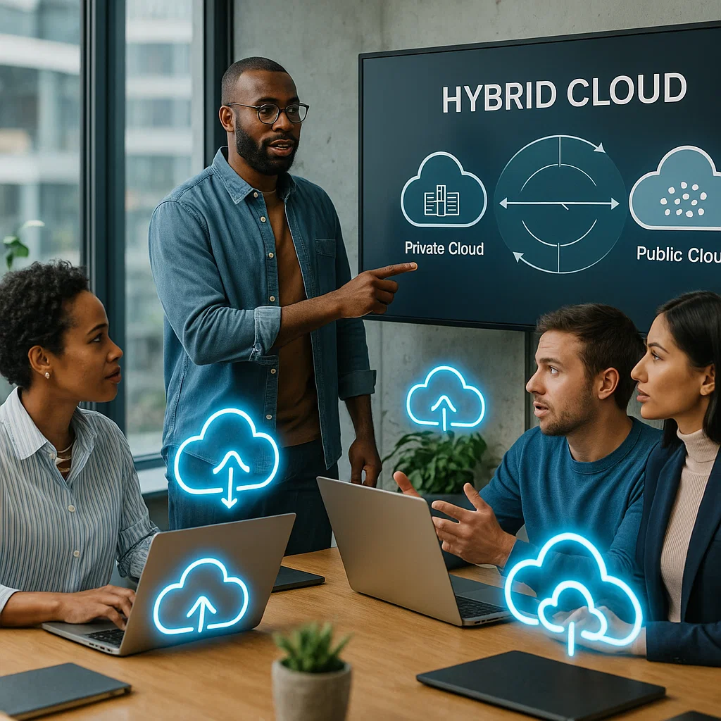 Diverse IT team collaborating in a modern office with digital cloud graphics and a hybrid cloud diagram on a smart screen.
