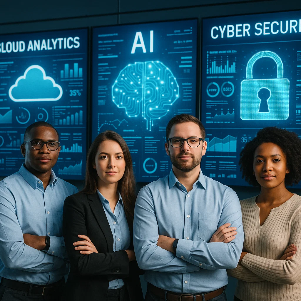 Confident IT professionals standing before digital displays showing cloud analytics, AI, and cybersecurity data, symbolizing innovation and readiness.