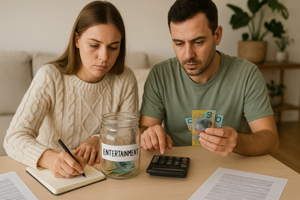 A man and woman jotting down their expenses.