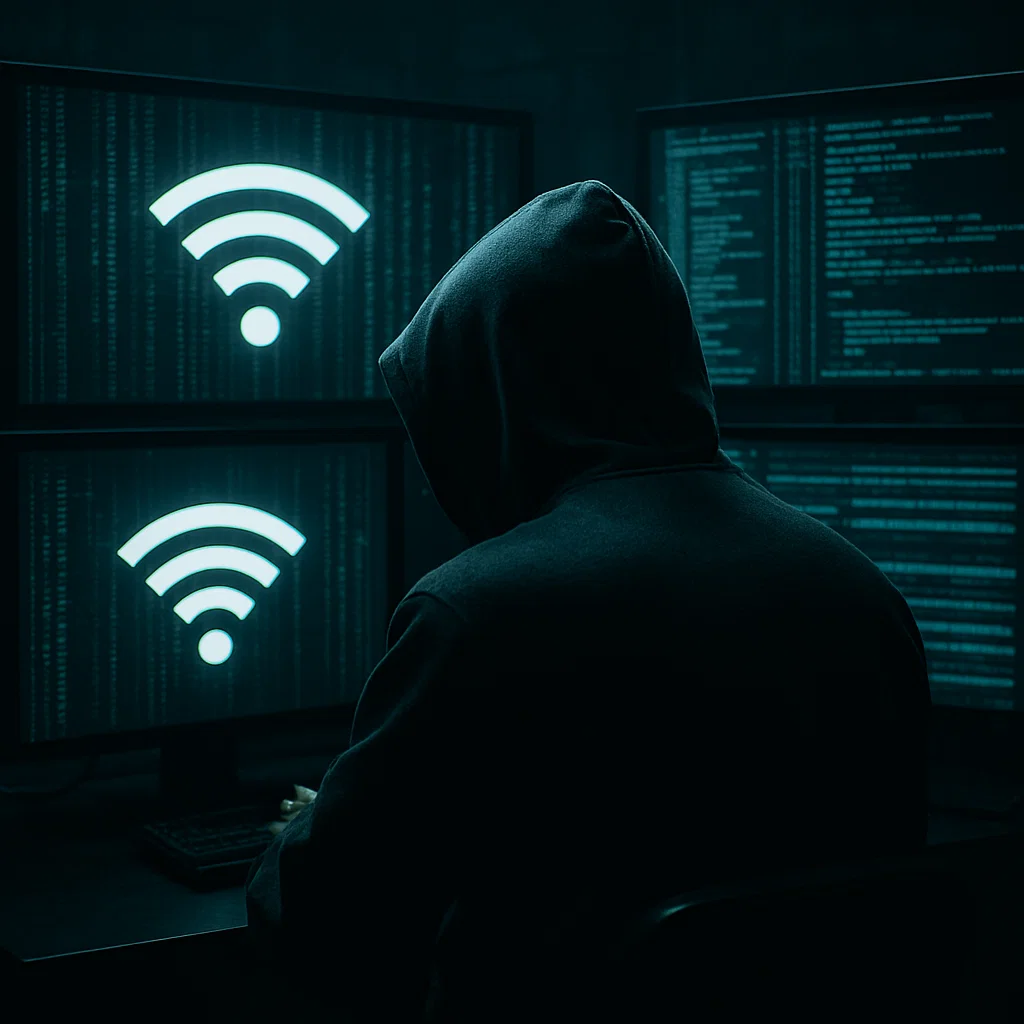 hooded hacker hacking into public wifi