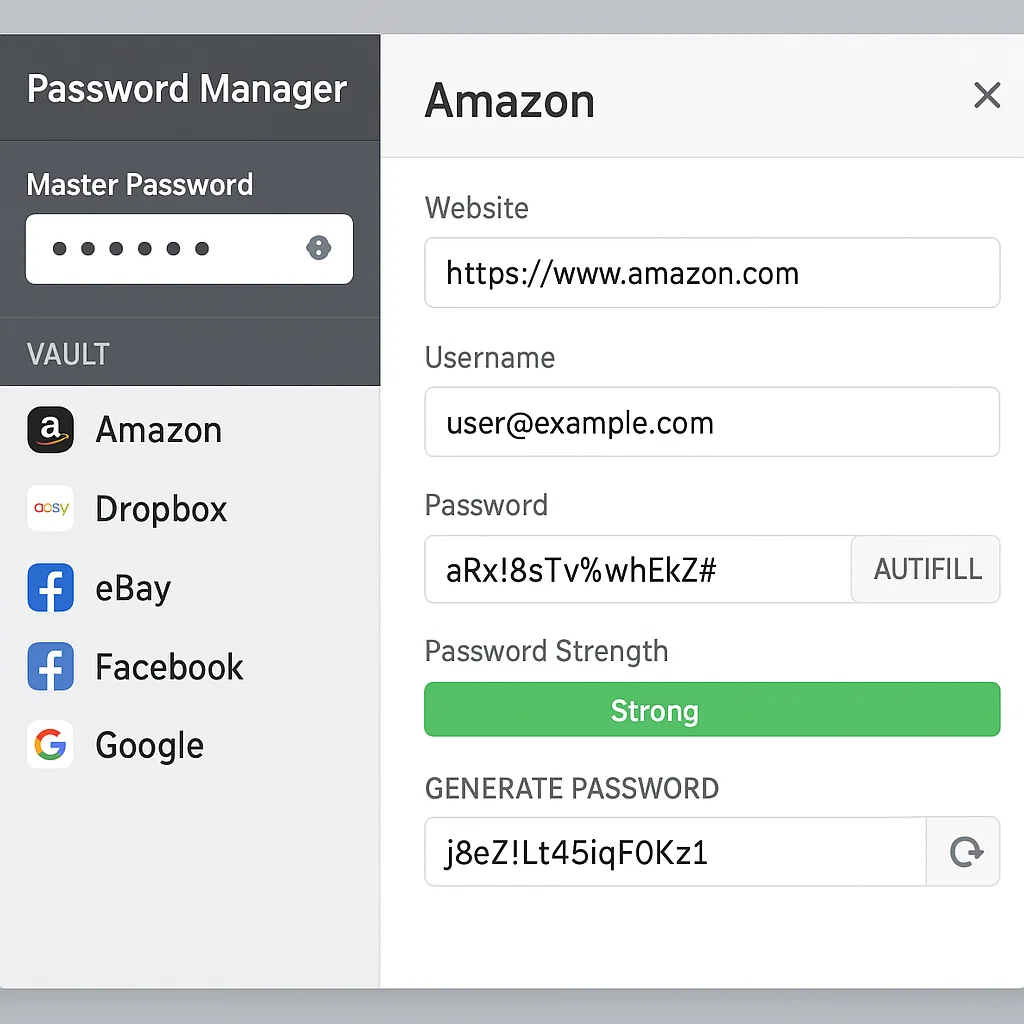 A screenshot of a password manager dashboard displaying a list of saved accounts, encrypted passwords, and a password generator tool with options for creating strong, random passwords.