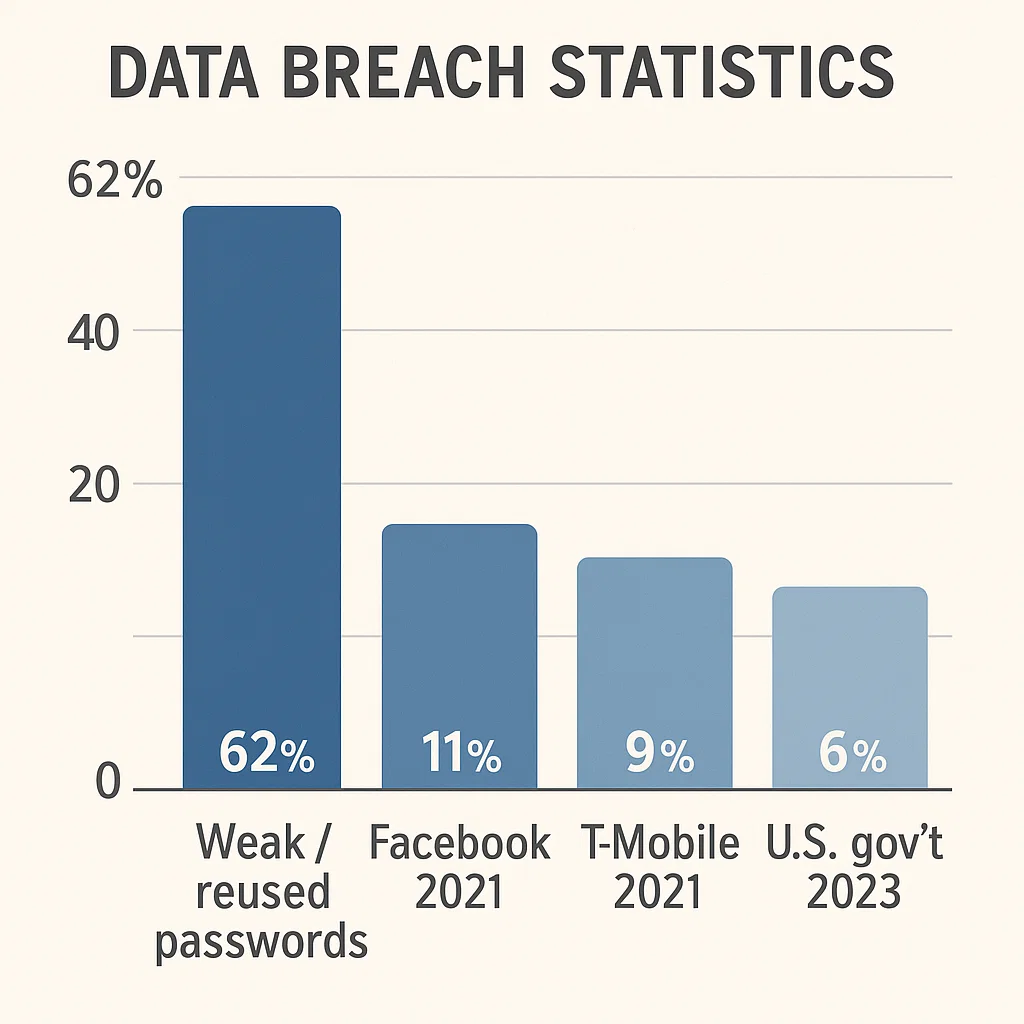 A bar graph showing data breach statistics highlighting the high percentage of hacking incidents caused by weak or stolen passwords, including notable breaches like Facebook’s 2021 data leak.