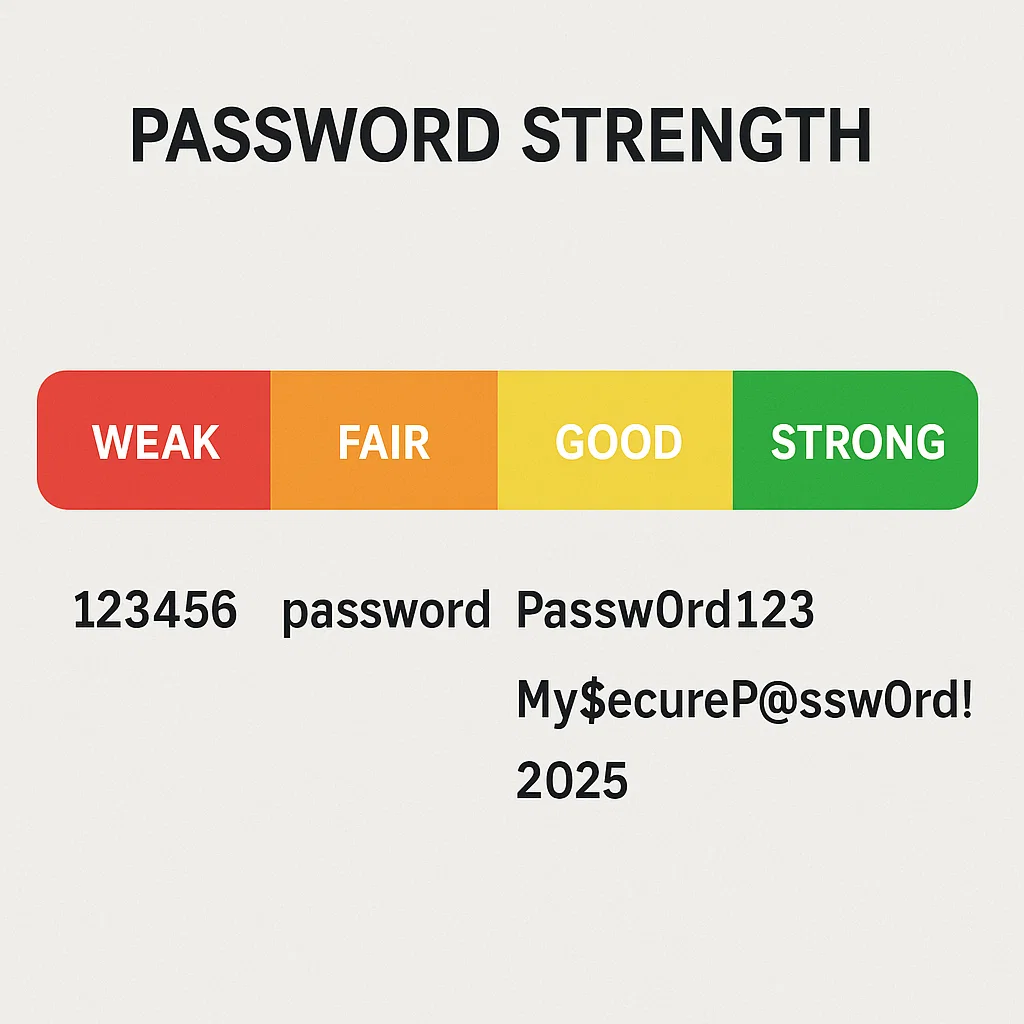 A visual password strength meter displaying different levels from weak to strong, with examples of weak passwords like “123456” and strong ones like “My$ecureP@ssw0rd!2025.”