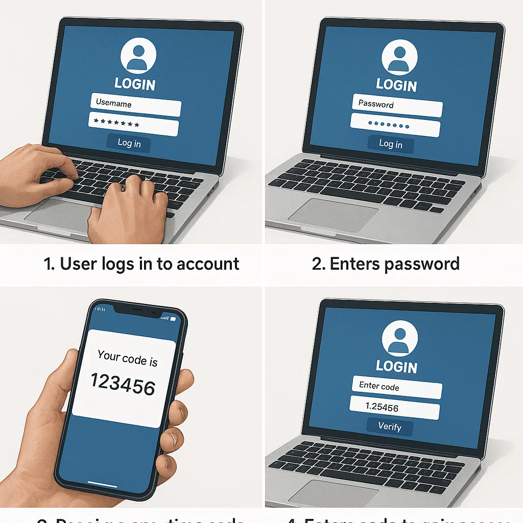 An illustration showing a user logging into an account, entering a password, and then verifying their identity with a one-time code received on their smartphone to complete two-factor authentication (2FA).