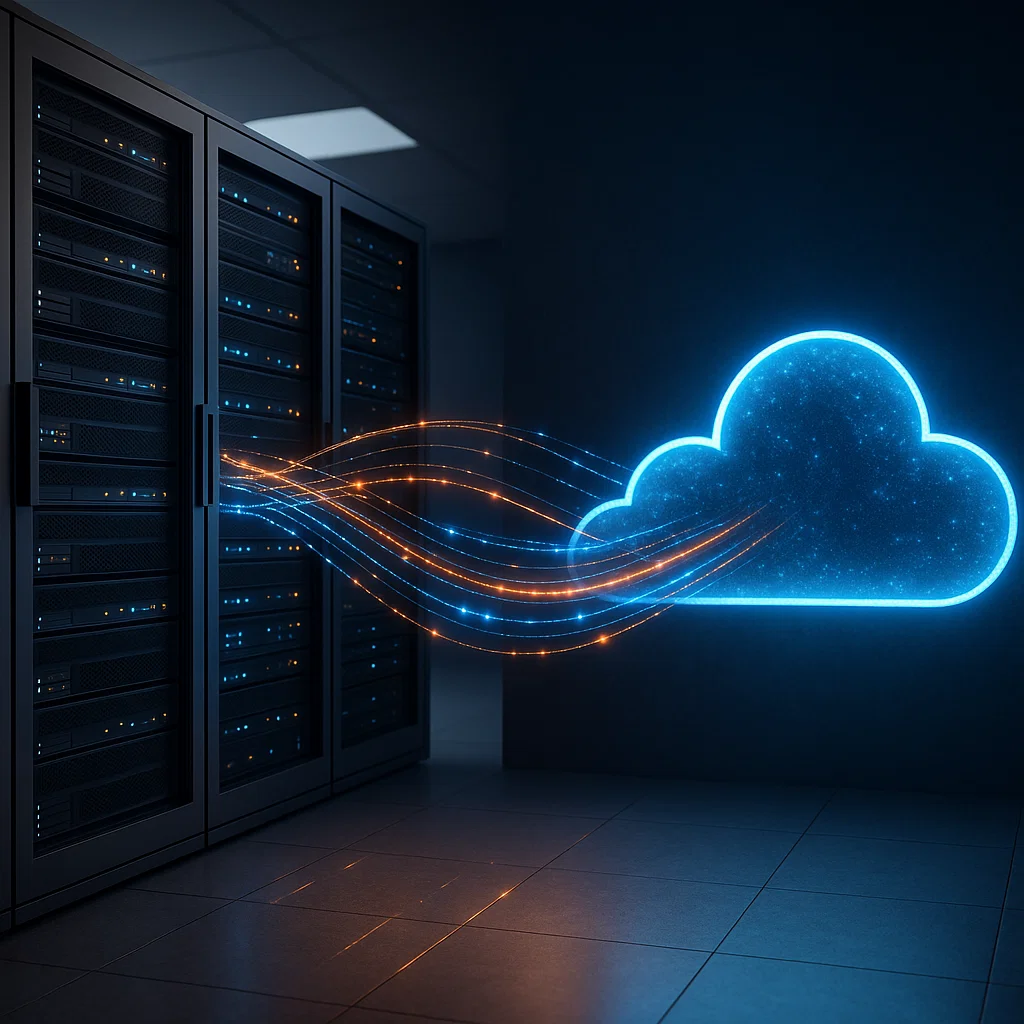 Hybrid cloud infrastructure connecting on-premise data centers and public cloud environments for flexible computing.