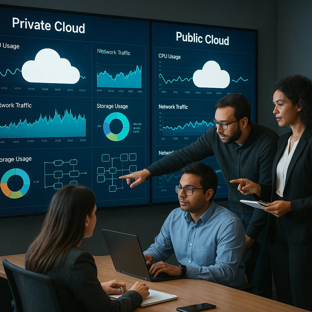Business team analyzing hybrid cloud performance and cost optimization strategies in a modern data-driven workspace.