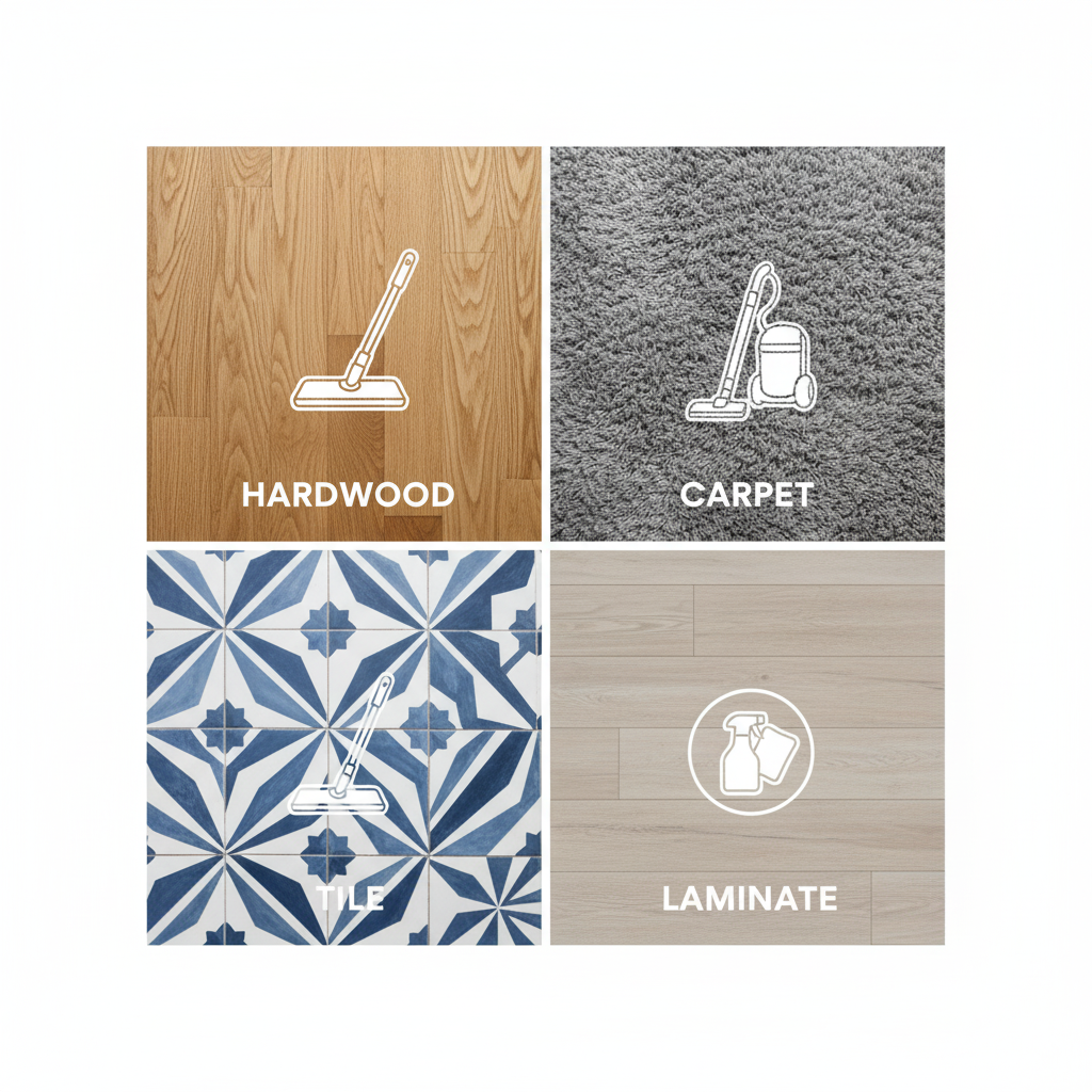 A four-panel graphic illustrating the different cleaning needs for hardwood, carpet, laminate, and tile flooring types.