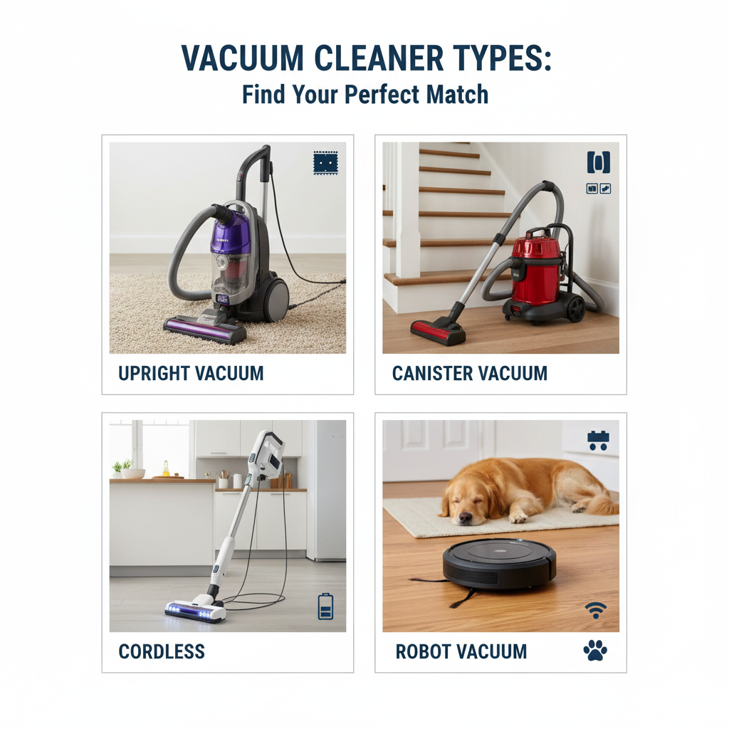 Comparison of the four main vacuum cleaner types: Upright Vacuum, Canister Vacuum, Cordless Vacuum, and Robot Vacuum shown in home settings.
