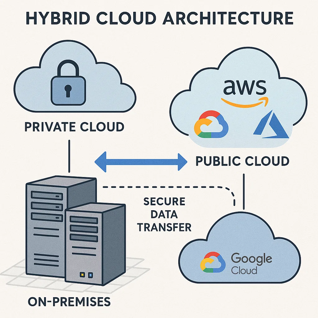 Diagram showing hybrid cloud architecture with private on-premise servers and public cloud platforms integrated for data transfer and security.