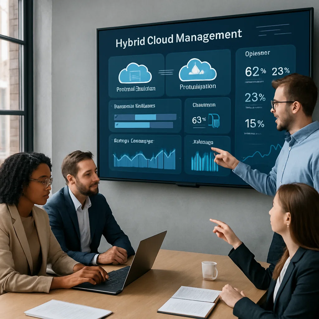 Business team collaborating in a modern office while managing hybrid cloud operations on a digital dashboard.