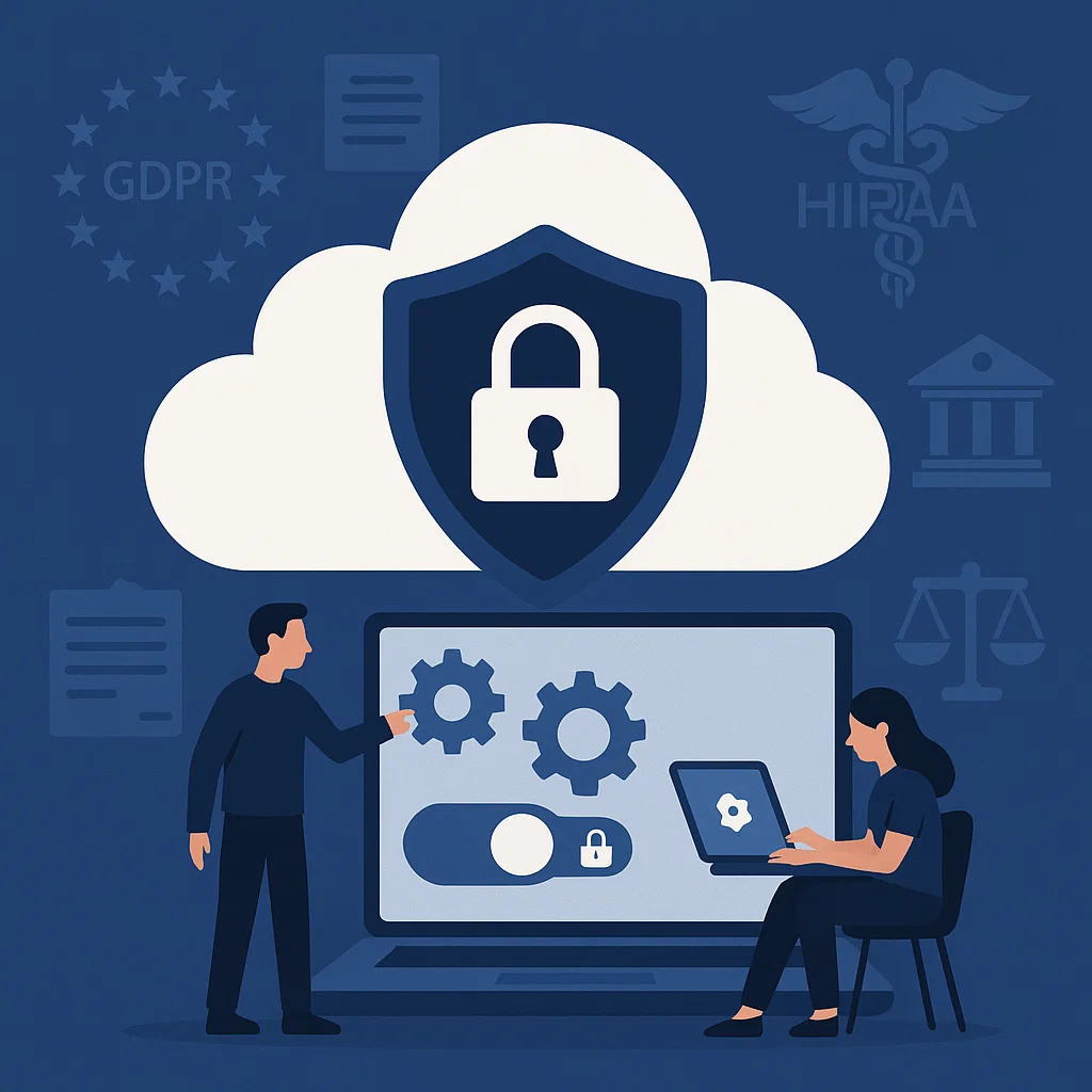Illustration of a secure cloud with lock and compliance icons representing GDPR and HIPAA in hybrid cloud environments.
