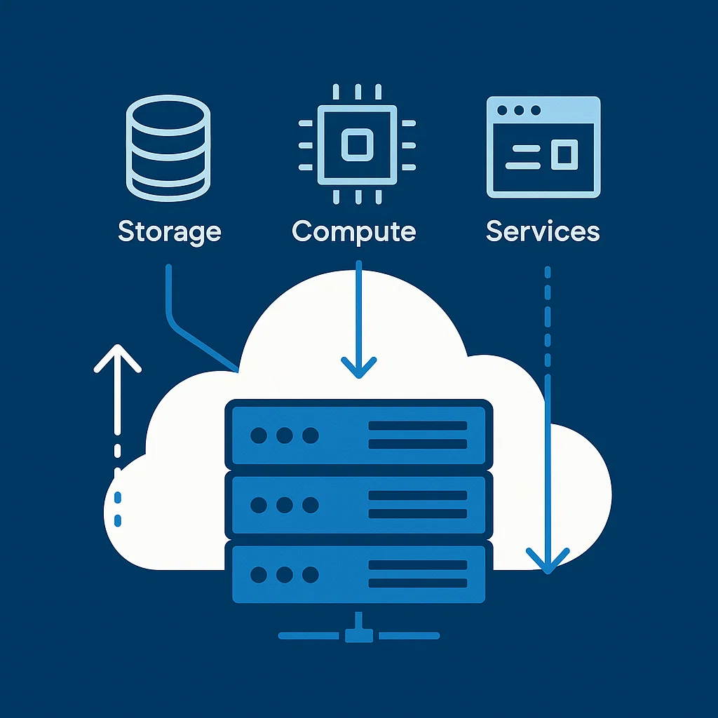 Digital graphic of expanding and shrinking cloud servers symbolizing scalable public cloud resources.