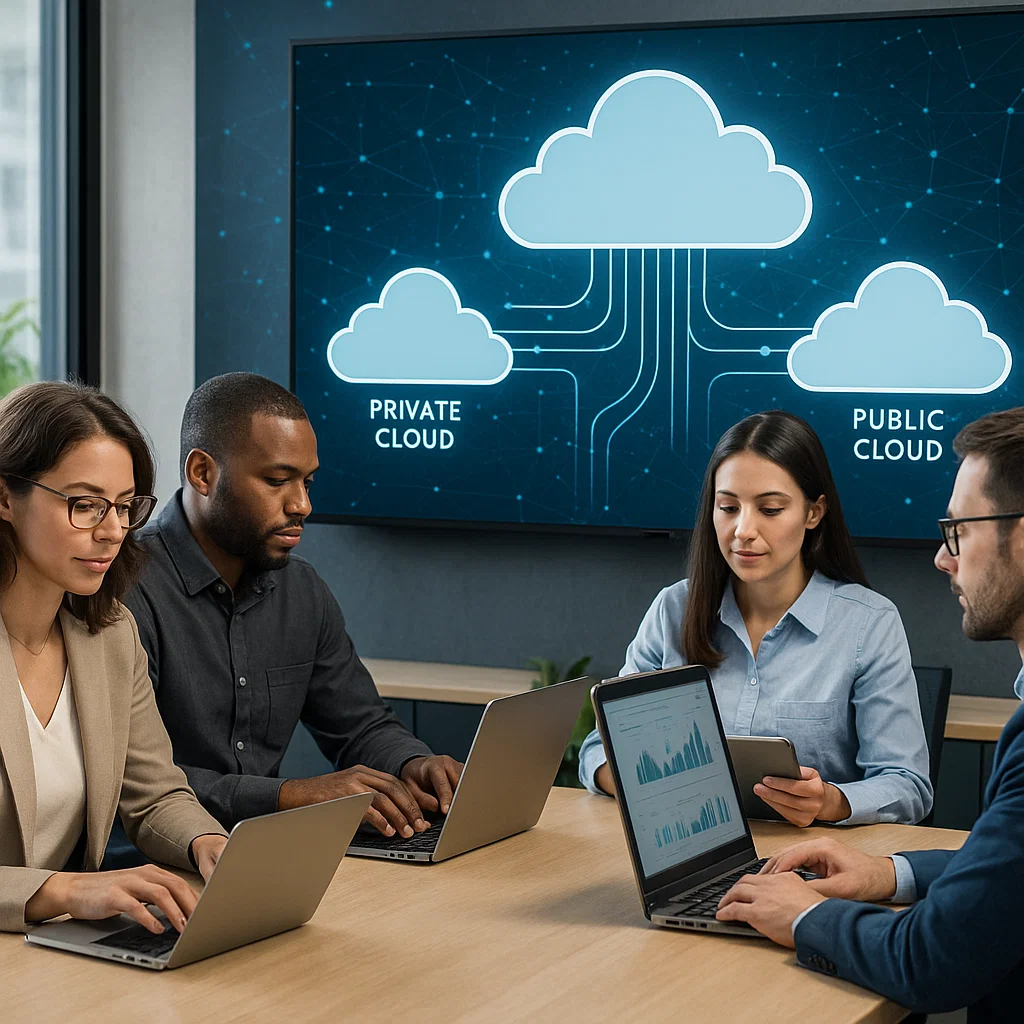 Modern office setup with professionals using cloud-connected laptops and devices to manage hybrid cloud systems.