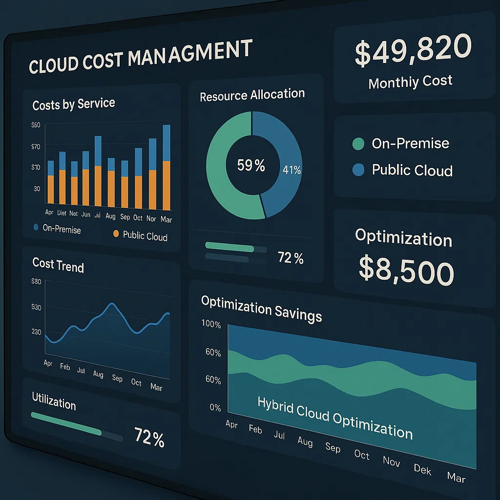 Hybrid cloud management dashboard displaying cost analysis, performance metrics, and resource allocation graphs.