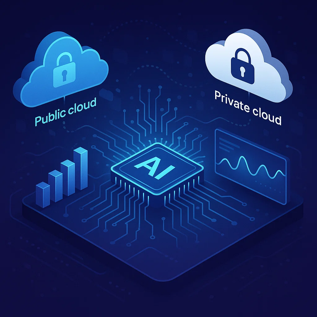 Futuristic illustration of AI and machine learning models operating within a secure hybrid cloud environment.