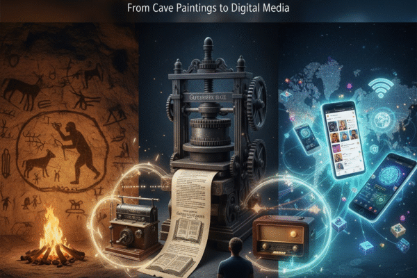 The Evolution of Mass Communication: From Cave Paintings to Digital Media A triptych showing the evolution of communication: Cave paintings with a fire, a figure before a Gutenberg printing press and a telegraph machine, and floating smartphones linked by global Wi-Fi signals.