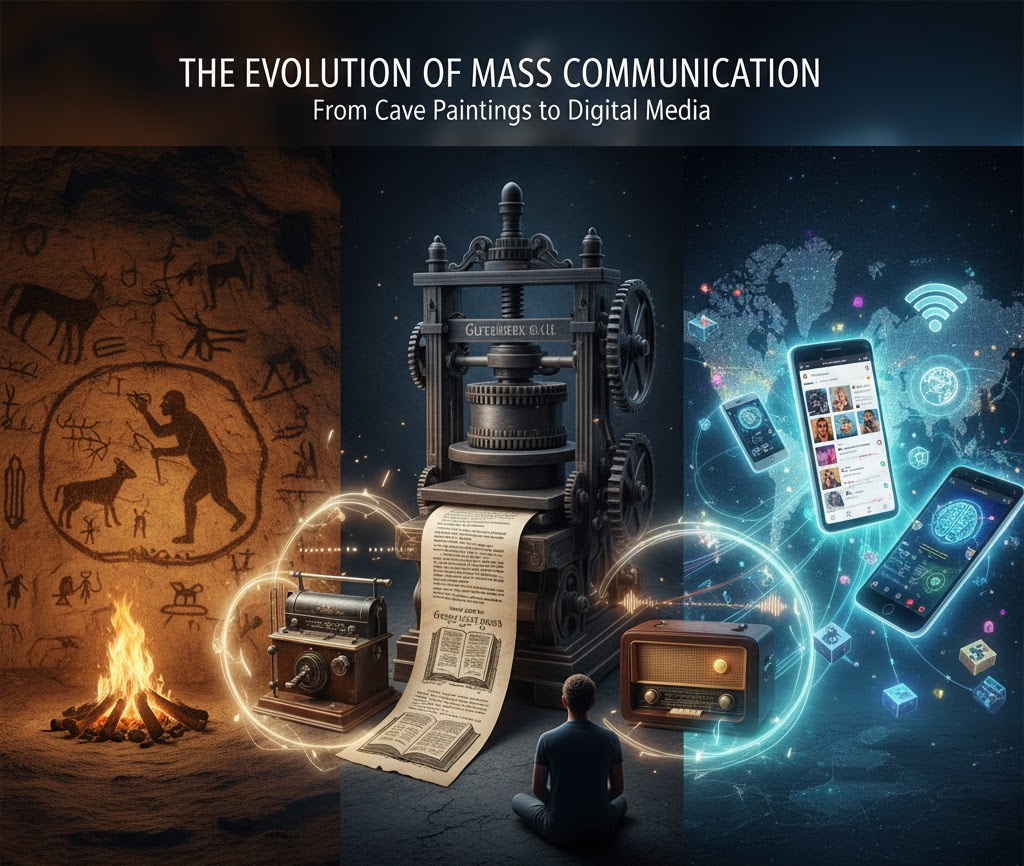 A triptych showing the evolution of communication: Cave paintings with a fire, a figure before a Gutenberg printing press and a telegraph machine, and floating smartphones linked by global Wi-Fi signals.