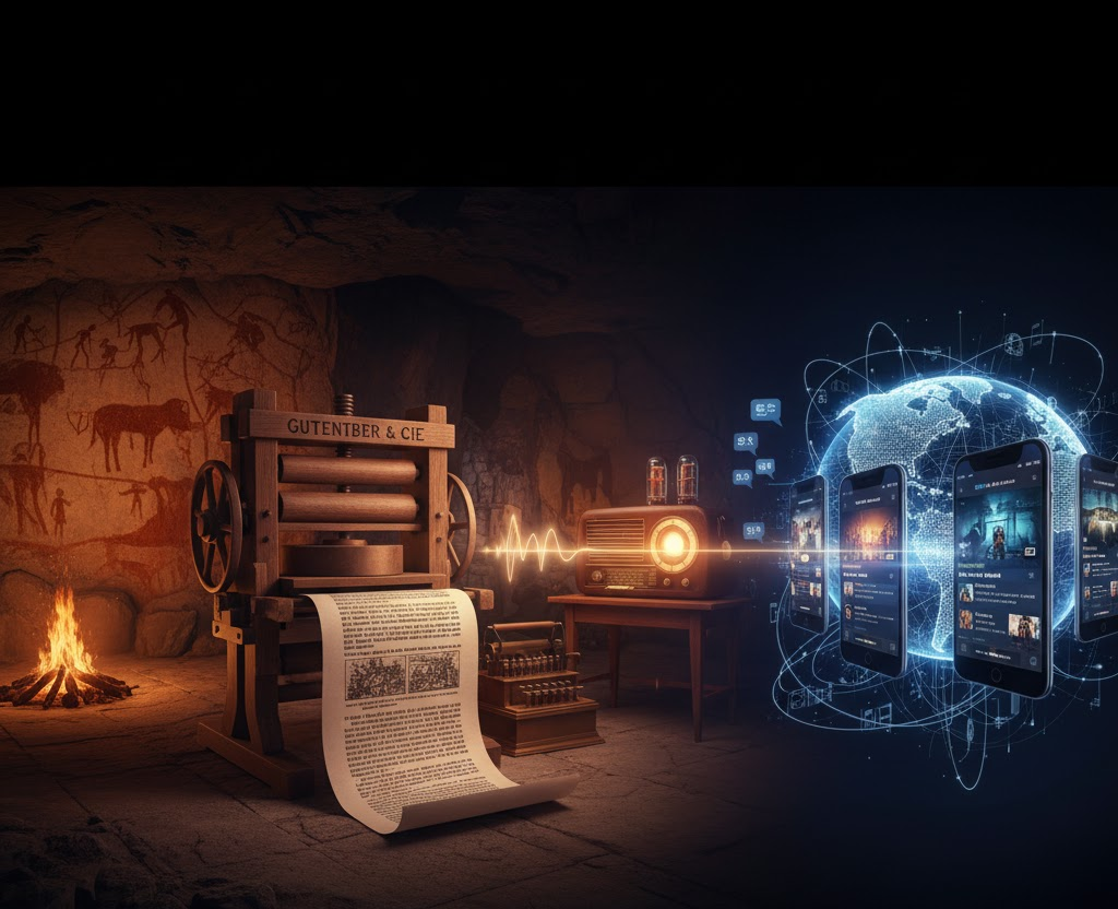 A composite image showing the evolution of communication from cave paintings and a Gutenberg press to radio and interconnected global digital media on smartphones.